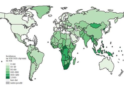 Obr. 1 Výskyt tuberkulózy v roce 2021, počet případů na 100 000 obyvatel. Global Tuberculosis Report 2022.
