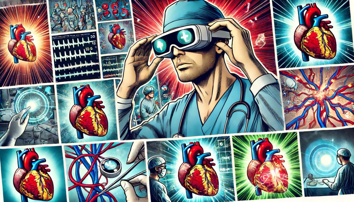 Ilustrační obrázek zobrazující kardiologa s moderními AR brýlemi, operaci srdce a trojrozměrné modely koronárních tepen a cévního systému srdce. Vytvořeno pomocí DALL-E od OpenAi