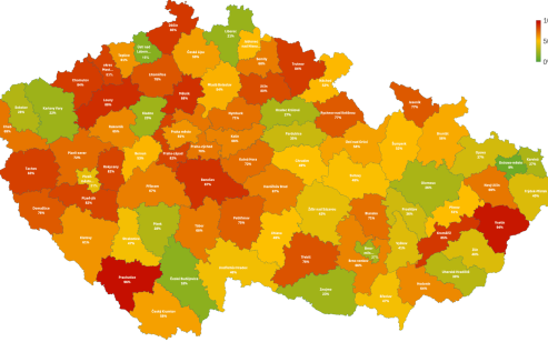 Podíl pacientů v&nbsp;roce 2024 v&nbsp;celé ČR, u&nbsp;nichž přednemocniční čas mezi&nbsp;přijetím výzvy a&nbsp;příjezdem do&nbsp;nemocnice přesáhnul 60 minut. Zdroj: puk.kancelarzp.cz