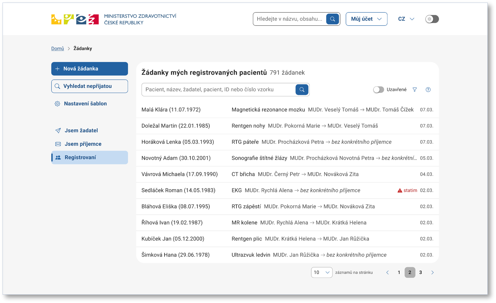 Přehled elektronických žádanek u&nbsp;přihlášeného lékaře na&nbsp;portálu elektronického zdravotnictví